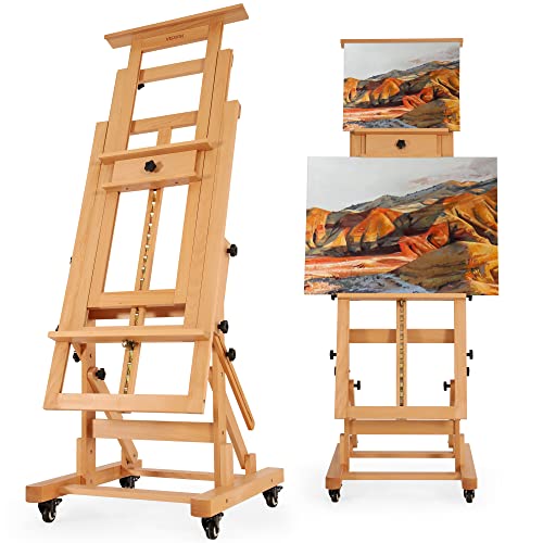 VISWIN Cavalletto Maestro Extra-Large, Contiene 2 Tele, Inclinabile Piatto, Mobile in Legno Massello di Faggio Resistente Cavalletto Artistico per Pittura, Cavalletto Artista Regolabile per Adulti