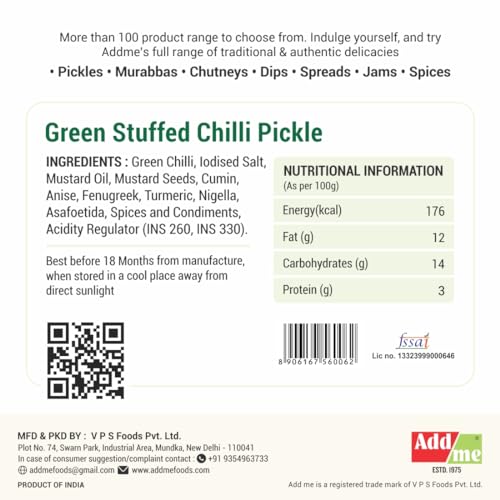 Image of Add me Rajasthani bharwa mirch Stuffed green Chilli Pickle 500gm Athana hari mirchi ka achar Pickles Glass Pack | Spicy & Tangy Homemade Achar (500g) All-Natural Ingredients.
