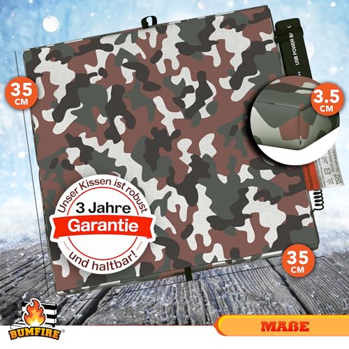 Bumfire Sitzkissen Beheizbar & Faltbar - Akku Heizkissen Kabellos mit USB Anschluss - Elektrisch Beheizbare Sitzauflage Wärmekissen Ansitzkissen Jagd, Hochsitz, Outdoor Kissen - Camouflage - 35x35 cm
