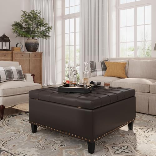 FiveWillowise Square Leather Ottoman with Storage, Faux Leather Coffee Table with Lift Top,Large Upholstered Footrest Stool Toy Box Storage Bench for Bedroom Living Room, Chocolate