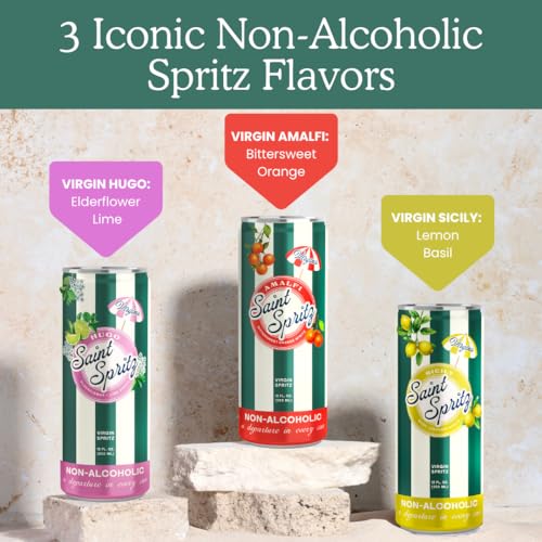 Saint Spritz Virgins Variety Pack (12-Pack) | Italian Non Alcoholic Spritz Cans | Amalfi, Sicily & Hugo Flavors | Sparkling Mocktail Aperitif Sampler | Premium Non Alcoholic Drinks & Spirits - Thumbnail 4