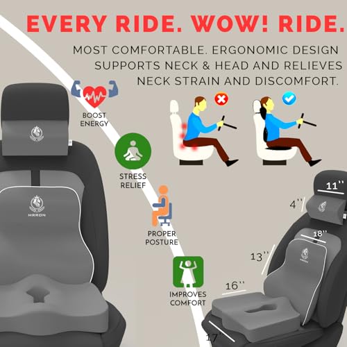 Image of MRRON Neckrest Back Support or Coccyx Orthopaedic Cushion for Long Sitting Universal fit with Ergonomic Design Made by High Density Memory Foam Used for Car or Office Chairs. (Grey, Long Back)