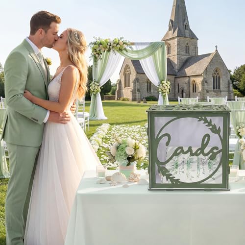 Image of OurWarm Green Wedding Card Box for Receptions, PVC Gift Card Box for Wedding with Acrylic Windows, Envelope Money Gift Box for Anniversary Bridal Baby Showers Graduation Birthday Party
