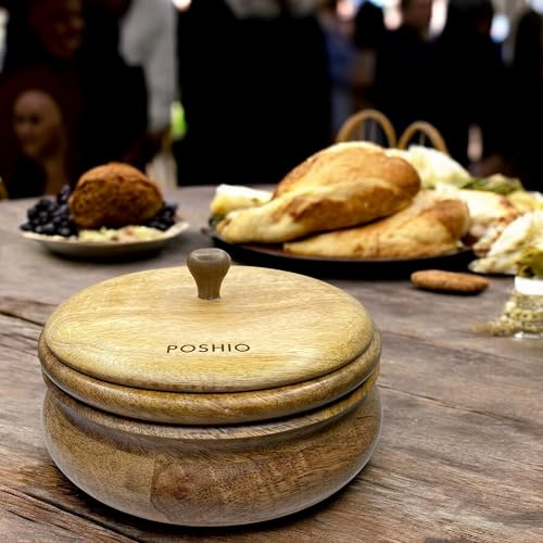 Image of POSHIO Wooden Casserole Hotpot Box with 1 Ladle, Breads Storage & Serving Box | Mango Wood Container | Non-Toxic Polished Serveware- Natural Wood Finish (1, Natural, 9x9x4in, Style 1)