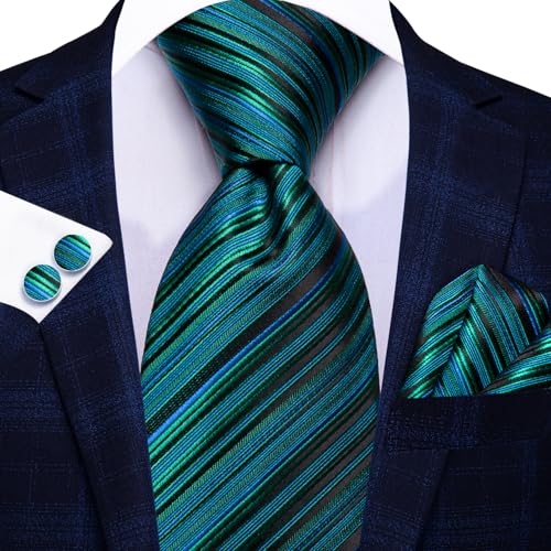 Image of Hi-Tie Men Ties Sets Silk Stripe Paisley Necktie Pocket Square Cufflinks for Business Wedding