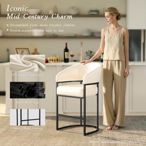Butacos Modernos de Altura para Barra, Juego de 2, Tapizados en Cuero Sintético Beige Blanco con Estructura de Metal Negro, Altura de Asiento 26 pulgadas, Soportan 480 lb miniatura 6