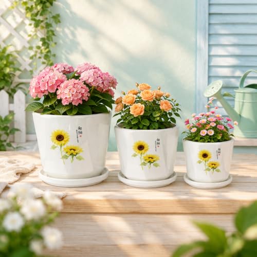 Image of Xtore Charming Sunflower Ceramic Planter Set with Drain Tray | Elegant Indoor & Outdoor Flower Pots for Living Room, Balcony, Office Desk & Garden Decor (Set of 3, White&Yellow) (Planter only)