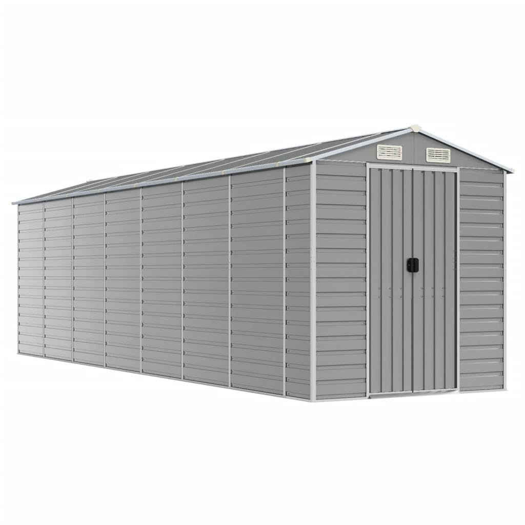 Domek ogrodowy jasnoszary 191x640x198 cm stal ocynkowana | Przechowywanie zewnętrzne, 4 kratki wentylacyjne, pochylony dach, praktyczne uchwyty