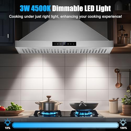 Image of 36 inch Range Hood Wall Mount, 1200 CFM with 4-Speed Gesture Sensing & Touch Control, Stainless Steel Ducted Kitchen Stove Vent Hoods with 2 LED Lights, Time Setting, Dishwasher-Safe Baffle Filters