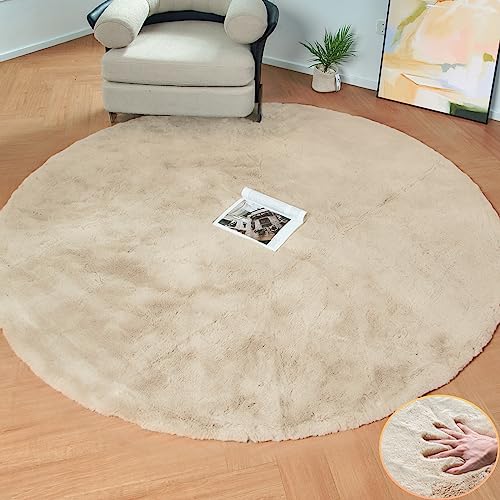 Light Brown Beige Washable Shaggy Round Rug 5ft Faux Rabbit Fur Rugs for Living Room Circle Nursery Rug for Bedroom Girl Room Décor