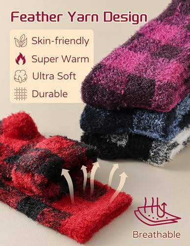 Super Soft Buffalo Plaid Fuzzy Socks Gifts for Women Girls 3 Pairs Cozy Warm Thick Fluffy Cute Plush Socks2