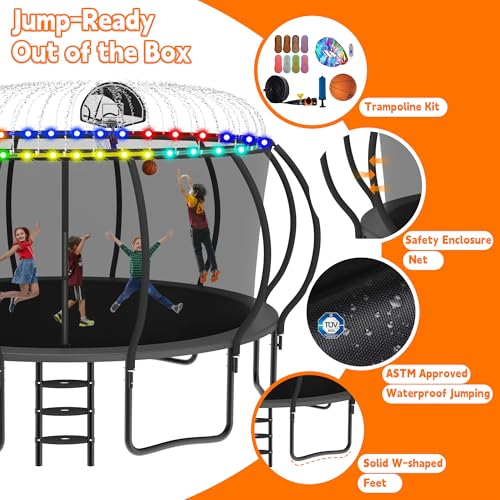 DeepRoar Tranpoline 8/10/12/14/15/16FT Pumpkin Tranpoline for Kids, Heavy Duty Outdoor Tranpolines with Basketball Hoop, Safety Enclosure Net, Light, Sprinkler, Socks, ASTM Approved