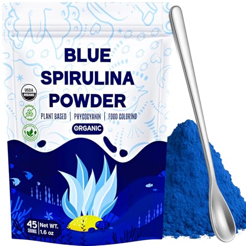 1.6oz Blue Spirulina Powder - 45g Organic Natural Food Coloring from Blue Algae, Vegan & Pure Spirulina Powder, Premium Scoop Bag for Smoothies, Baking, Yogurt, Hawaiian Recipes