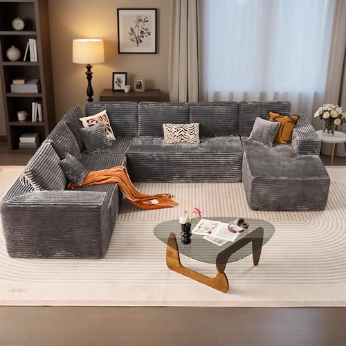 Image of HOOOWOOO Cloud Sectional Couches for Living Room,Modular Sectional Sofa No Assembly,133X108 Inch Plush Corduroy Large U Shaped Floor Couch Set with Deep Seat Right Chaise(Gray)