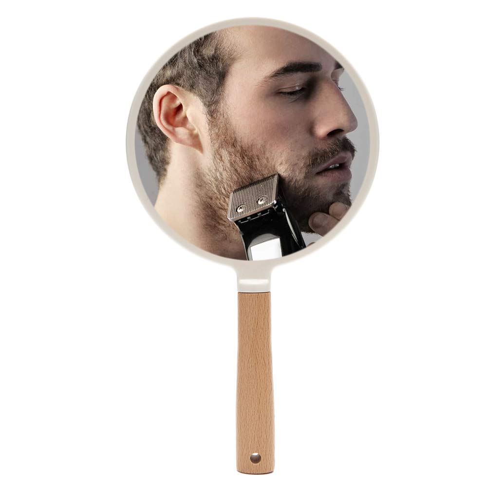 YEAKE Specchio a mano con manico per trucco, piccolo specchio in legno carino per rasatura con foro da appendere su un lato, portatile, da viaggio, per uomini e donne (rotondo)