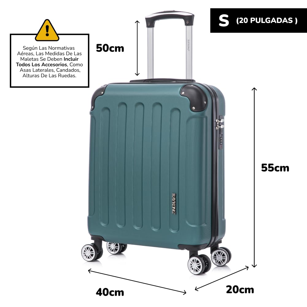 RAYKONG Maleta Cabina ABS 55x40x20cm (44L) - Maxima aprovechamiento de Capacidad - 4 Ruedas Giratorias Dobles con 360ª - Candado Incrustado - Verde