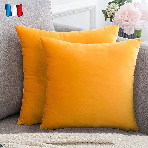 Douceur De Plumes Lot de 2 Housse de Coussin Jaune Moutarde Orangé Velours 60x60 cm Uni, Taie d'oreiller Doux et Moderne, Décoration Salon Scandinave Canapé Chambre Lit Sol (2 Jaune Moutarde Orangé)