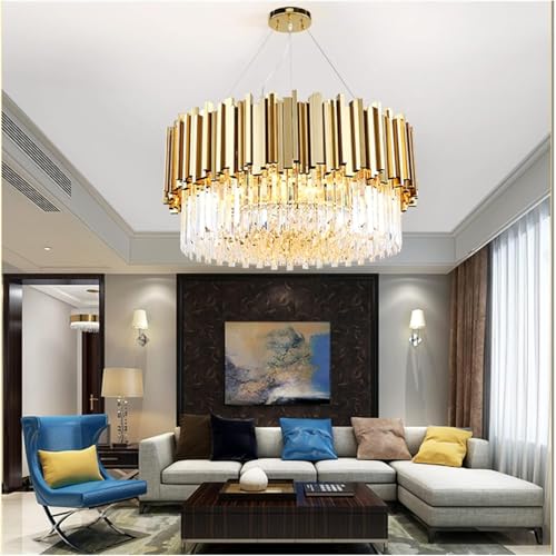 Lustre LED postmoderne en cristal et acier doré d'exception