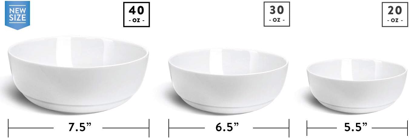 HARMAN & CO Salad Noodle Soup Bowl, Large 7.5” (40oz), Microwave & Dishwasher Safe, Frost White (Set of 3 Bowls)