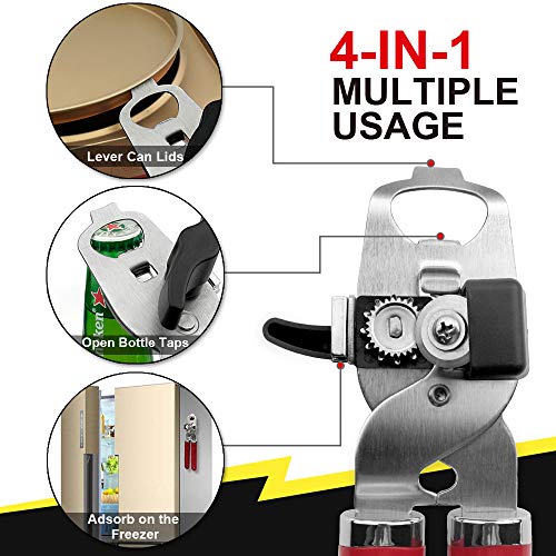 Can Opener, No-Trouble-Lid-Lift Magnet Manual Can Openers Smooth Edge, Japanese Stainless Steel Sharp Blade Safe Cover for Beer/Tin/Bottle, Big Turning Knob Soft Handle Good for Seniors with Arthritis