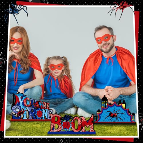 Image of Yuntau 12 Pcs Spider Bithday Party Decoraions Spider Wooden Table Decorations Red and Blue Pattem Design Happy Birthday Table Centerpiece Sign for Boy Cartoon Party Supplies