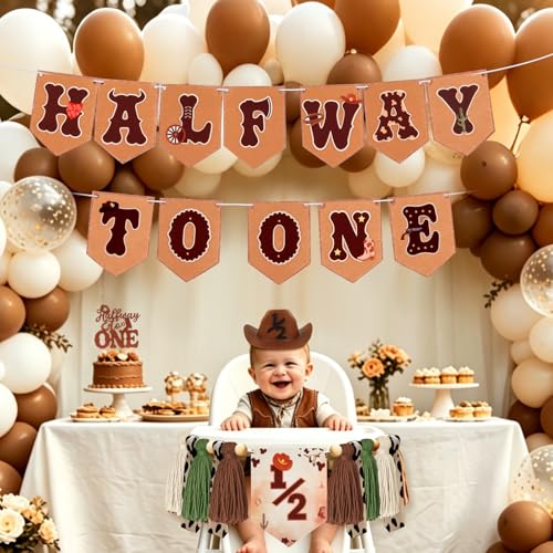 Image of 1 /2 Birthday Boy Half Birthday Decorations - Western Cowboy Half Way to One Banner, My First Rodeo Birthday Hat, Cake Topper, Tassel Chair Banner for Boys 6 Months Birthday Decorations Party Supplies