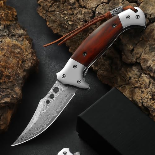 Omesio Couteau pliant en acier damassé de style japonais, couteau pliant à manche en bois damassé, idéal pour le camping et la survie en pleine nature