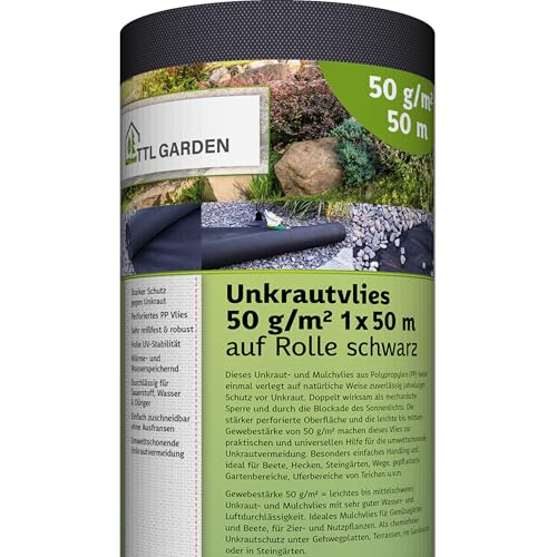 TTL Garden 50g/m² Unkrautvlies 50m² 1x50m Rolle - sehr wasserdurchlässig 50 x 1 m breit auf Rolle - Gartenvlies reißfest UV-stabil & atmungsaktiv - Garten Mulchvlies Vlies Folie gegen Unkraut schwarz