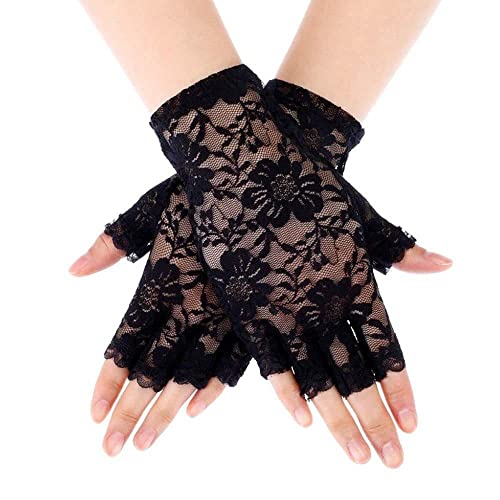 Andy's Orchids Lace Dance Gloves, Half Finger Fishnet Gloves, 1920s Women Fingerless Mesh Wrist Floral Short Gloves for Wedding Opera Tea Party Prom Cosplay Black