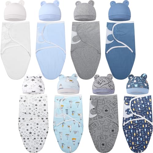Image of VitalCozy 8 Pack Preemie Swaddle Blanket Wrap with Hat Set for 0-6 Months Cotton Newborn Swaddle Preemie Hats Wearable Premature Receiving Blankets Cap for Newborn Boys Girls(Boy)