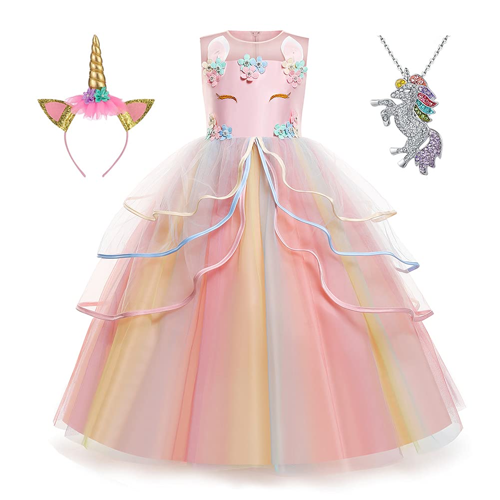 Yipkorra Unicorn Dress for Girls Unicorn Costume Pageant Princess Party Birthday Long Gown with Unicorn Headband & Necklace