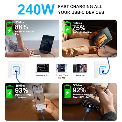 Image of 240W Samsung S26 Ultra Charger Fast Charging Cable for Samsung Galaxy S26 S26+ S26 Ultra S25 FE A17 A16 A36 A26 Fold Flip,6FT /2Pack USB C to USB C Cable Type C Charging Cord for iPhone 17,iPad,MacBook