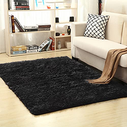 OKYUK Alfombras Salon, 160 x 230cm Alfombra de Dormitorio de Pelo Largo,Alfombras Interior de Decoración de Apartamento Grande Moderna (Negro)