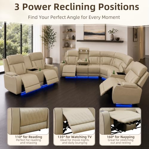 Image of Power Reclining Sectional Sofa, L-Shaped Faux Leather Recliner Couch with LED Lights, Reading Lights, Wireless Charging, Cup Holders, Storage Console & USB-C Ports, Comfortable Home Theater Seating