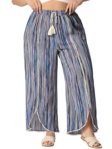 Agnes Orinda Plus Size Pant for Women Split Elastic Waist Flowy Striped Wide Leg Pants