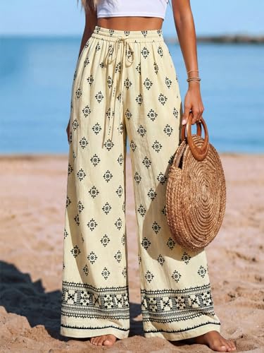 Image of PRETTYGARDEN Womens Pants Elastic Waist Floral Lightweight Palazzo Pants for Women Casual Lounge Wide Leg Pants Woman