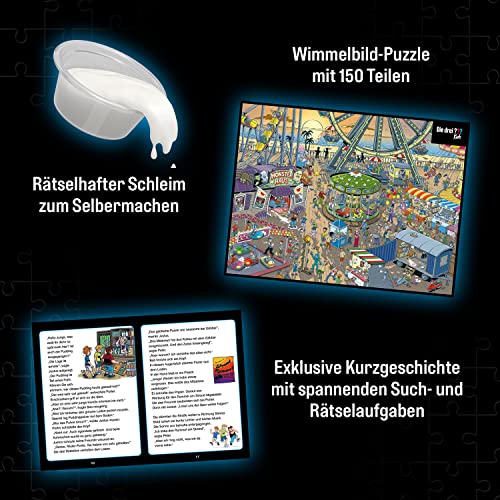 KOSMOS 683474 Krimi Puzzle Die drei ??? Kids Vorsicht Glibberfalle, 150 Teile, Schleim selbermachen, Lesen, Puzzeln, Rätsel lösen, für Kinder ab 7 Jahre, Detektiv Puzzle mit Die drei Fragezeichen Kids