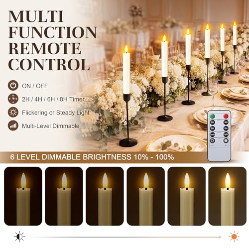 Image of Enhon 6 Pack Flameless Taper Candles with Remote & Batteries, 6.5 inch Ivory LED Candle Sticks, 3D Flickering Wick, Timer & Dimmable, 624+ Hour Battery Operated Candles for Home, Wedding & Christmas Decor