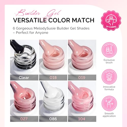 Image of MelodySusie Builder Gel Nail Polish Set, Base Colors Nude Pink White Clear Nail Thickening Rubber Base Gel Polish,Soak Off UV Extension,Rhinestone Nail Glue in a Bottle Gift for Women 6 Colors
