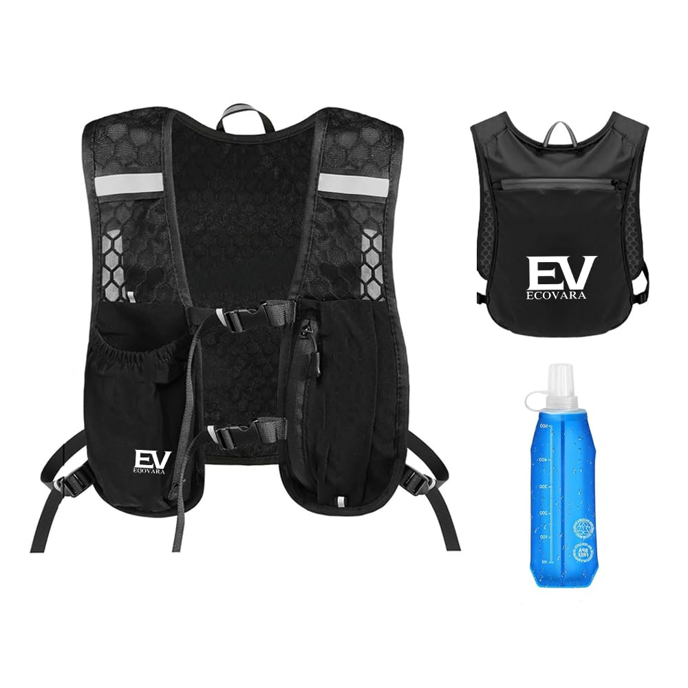 Adjustable Running Hydration Vest Backpack with 500ml Water Bottle - Unisex Running Vest Breathable Reflective Safety Strips with Phone Holder & Multi-Pocket Storage for Outdoor Sports