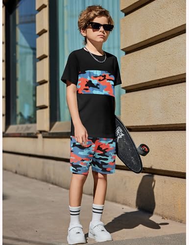 Image of Arshiner Boys' 2-Piece Cotton Outfit Color Block T-Shirt and Shorts Set Summer Camo Clothes for Kids 5-14 Years