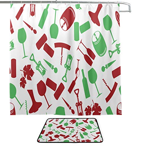 KUneh Red Wine Cork Retro Design Taste Stylish Color Single-Sided Printing Shower Curtain and Non-Slip Bath Mat Rug Floor Mat Combination Set with 12 Hooks for Bathroom Decor and Daily Use