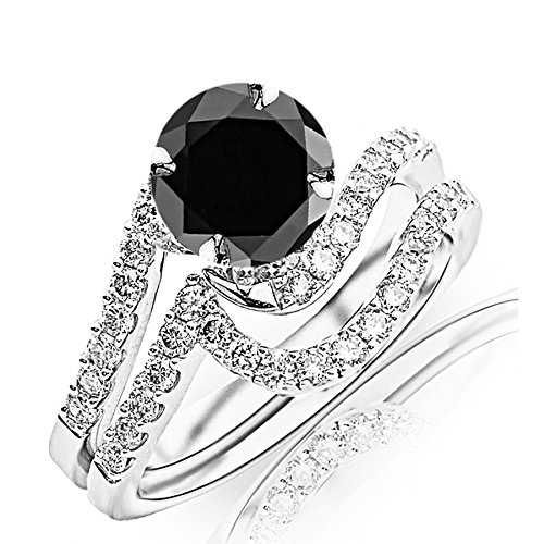 2.27 Carat t.w 14K White Gold Curving Pave & Prong-Set Round Diamond Engagement Ring and Wedding Band Set w/a 2 Carat Round Cut Black Diamond Heirloom Quality