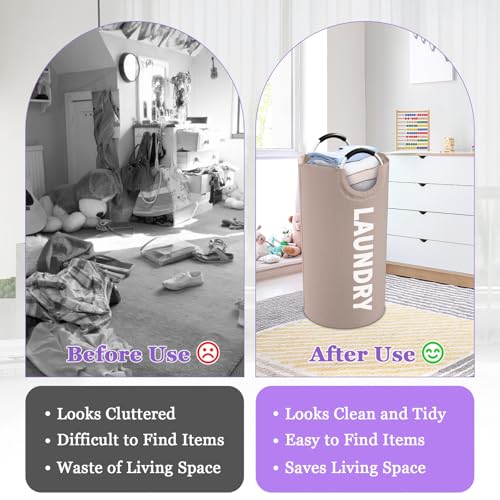 Image of 95L Folding Laundry Basket for Singles, Large Laundry Hamper with Aluminum Handles, Freestanding Dirty Clothes Basket, Sturdy Oxford Fabric Clothes Hampers for Travel, Dormitory, Khaki
