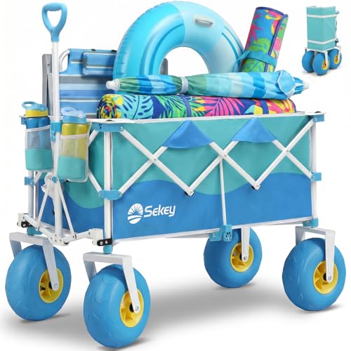 Sekey Heavy Duty Beach Wagon with 9' Big Sand-Proof Wheels – 600lb Capacity, 200L Oversized Foldable Cart | Adjustable Handle & All-Terrain Tires for Sand, Camping, Groceries