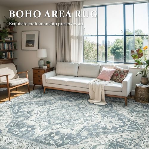 Deerly Large Washable Living Room Rugs 9x12 Boho Vintage Area Rug Indoor Bedroom Carpet with Non Slip Rubber Backing for Under Dining Table Office Farmhouse, Canal Blue/Multi