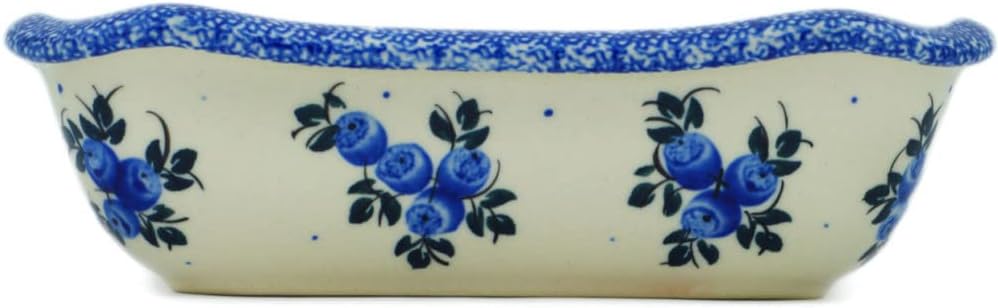 Polmedia Polish Pottery Rectangular Baker UNIKAT - Blue Berry Special Pattern Handmade in Boleslawiec Poland + Certificate of Authenticity