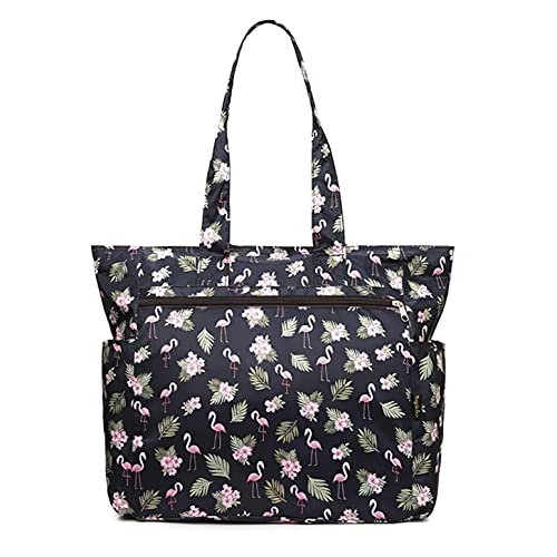 Bolsa de hombro grande resistente al agua para ir de compras, escuela, trabajo, universidad, yoga, viajes, playa, uso diario con múltiples bolsillos, Grúa y flor, Large