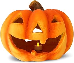 XXL Kürbis-Laterne als Halloween-Deko LED Windlicht in 27x23 cm - Großer Jack-O-Lantern Deko-Kürbis als gruselige Wohnzimmer-Deko - Teelicht-Halter als Herbst-Deko innen und Draußen im Garten