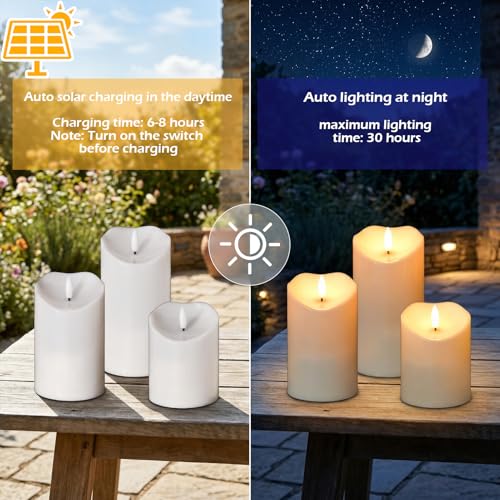 Image of Solar Candles Outdoor Waterproof, Flameless Flickering Pillar Candles 3 Pack 4 inch 5 inch 6 inch, IP65 Solar Powered Dusk to Dawn Sensor with 30+ Hours Long Lasting fo Patio Garden Yard Deck Decor